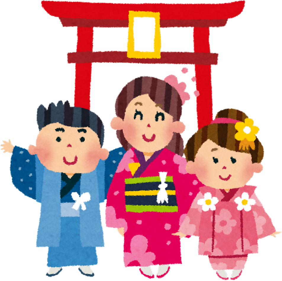 Illustration of Siblings Celebrating Shichi-Go-San at a Torii Gate